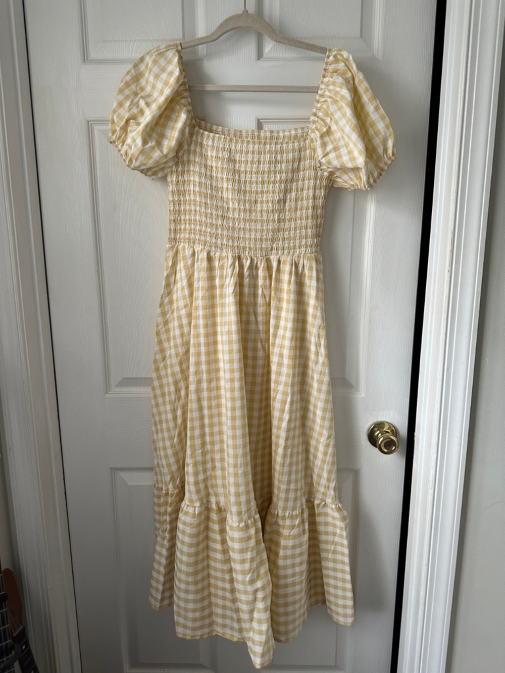 Yellow Gingham Puff Sleeve Midi Dress